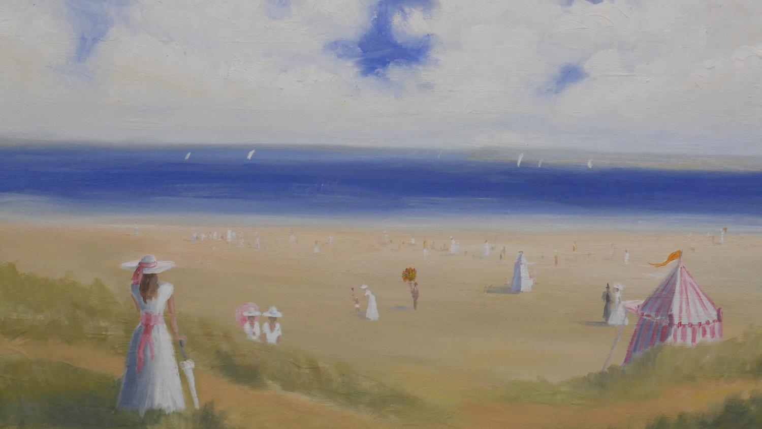 Miles Christopher Fairhurst (B.1955), oil on canvas, Victorian beach scene, signed. H.67.5 W.77.5cm