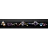 Ten gem set silver and gold rings with certificates. Including a multi-colour fresh water pearl