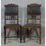 A pair of late 19th century Argentinian oak hall chairs in embossed leather upholstery on turned and