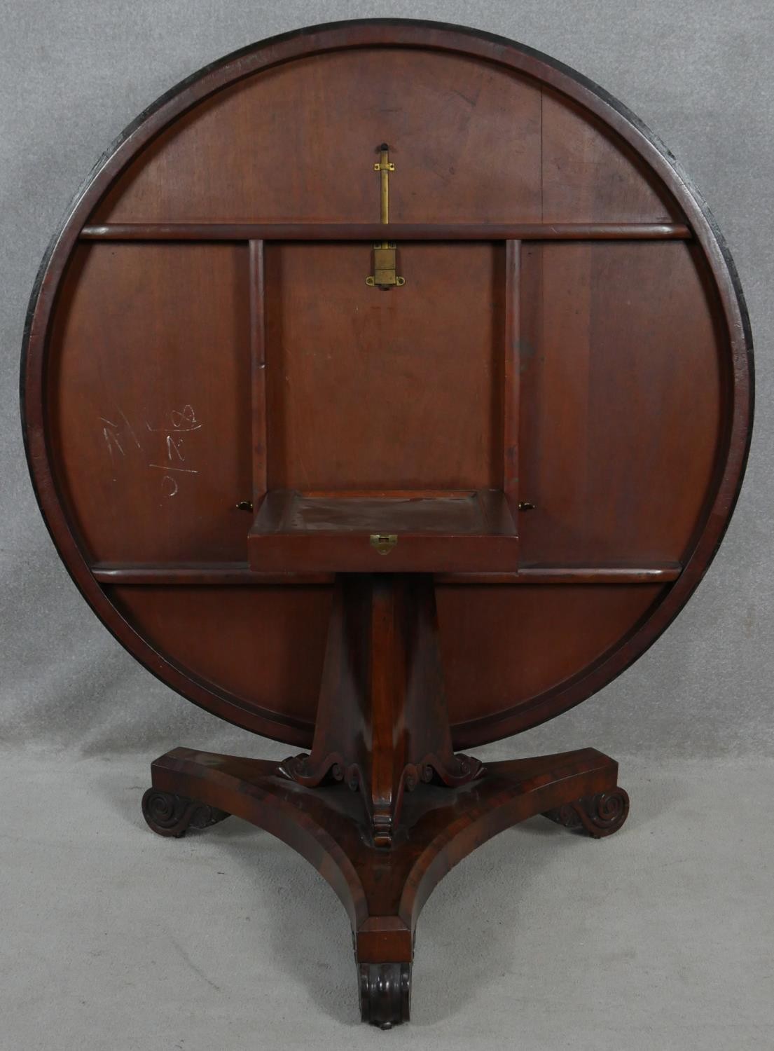 A Regency rosewood tilt top dining table on acanthus scroll carved pedestal and platform base. H. - Image 6 of 6