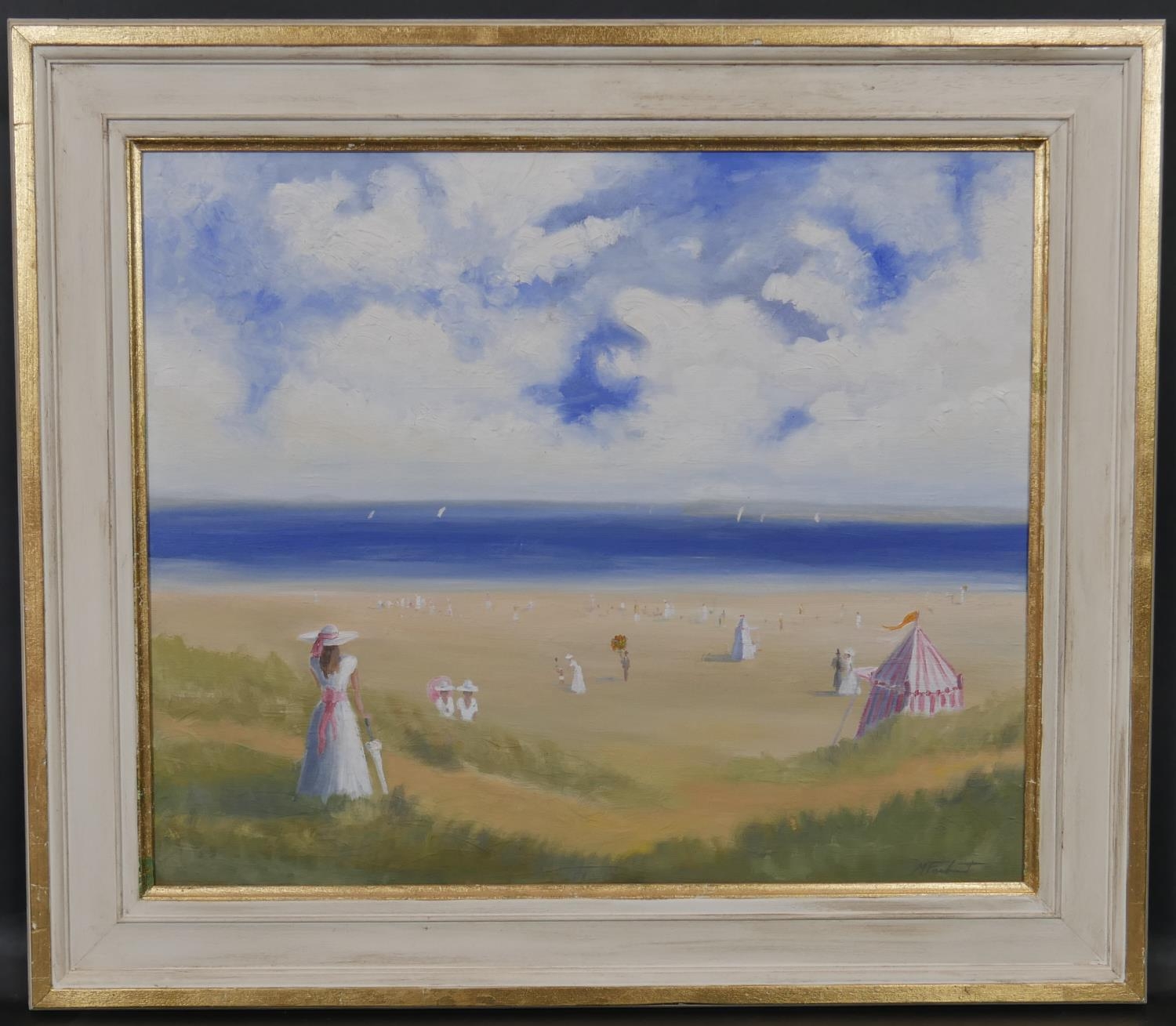 Miles Christopher Fairhurst (B.1955), oil on canvas, Victorian beach scene, signed. H.67.5 W.77.5cm - Image 2 of 5