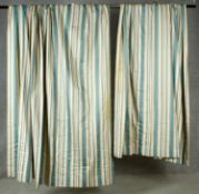 A pair of lined silk green and white striped curtains. H.203. Top W.60, Bottom W.160cm