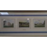 A framed and glazed triptych of hand coloured antique engravings of Cornwall. To include