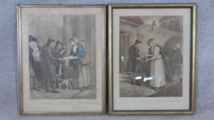 Two framed and glazed antique hand coloured engravings depicting village scenes. H.46 W.36cm