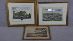 Three framed and glazed hand coloured engravings. One of 'Fleet House', 'Partridge Shooting' and'