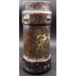 A leather artillery shell case bearing Royal coat of arms and with impressed marks to the base. H.