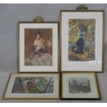 Four framed and glazed coloured prints. Including a hand coloured engraving of the gallery of the