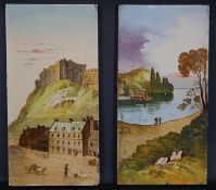 Two 19th century painted tiles, one titled Edinbro' Castle the other of a loch scene. H.31 W.15.5cm