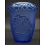 An Art Deco Muller Freres, Luneville ovoid cut blue cameo glass vase with kingfisher and foliate