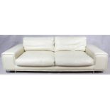 A contemporary two seater sofa in ivory leather upholstery on chrome supports. H.80 W.240 D.104