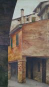A framed oil on canvas, Italian street scene, by Gilberto Orsoni with inscription to the reverse.