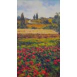 Paolo Bigazzi, an oil on board, a field of poppies with distant landscape, signed verso, in