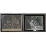 Two framed and glazed antique engravings of Teniers Kitchen and a classical scene of angels around