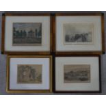 Four antique hand coloured engravings of various places of interest. The magnetic clock,