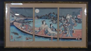 Attributed to Utagawa Toyokuni, woodblock triptych, Royal party punting on a Koi pond, label to