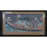 Attributed to Utagawa Toyokuni, woodblock triptych, Royal party punting on a Koi pond, label to