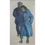 Andy Newman (B.1955) a framed oil on board, a couple walking, signed. H.51.5 W.36cm