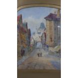 After David Roberts, a watercolour, Continental street scene in arched glazed frame. H.60 W.52cm