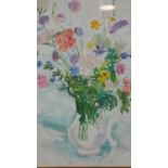 A glazed and framed oil on canvas board, still life flowers, signed Jenssen with inscription to