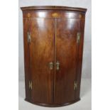 A Georgian figured mahogany bowfronted corner cupboard with satinwood and olivewood conch and floral