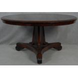 A Regency rosewood tilt top dining table on acanthus scroll carved pedestal and platform base. H.