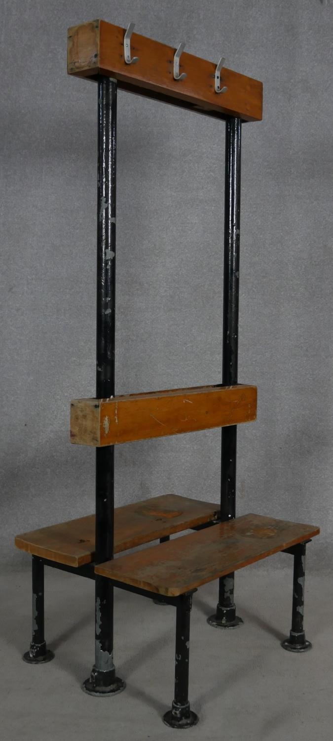 A mid century vintage teak and iron framed school or changing room bench and coat stand. H.171 L. - Image 2 of 5