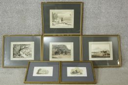 Six framed and glazed 19th century hand coloured engravings. Depicting 'A Siberian Exile shooting