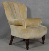 A 19th century style salon chair in scalloped velour upholstery on turned supports. H.103cm