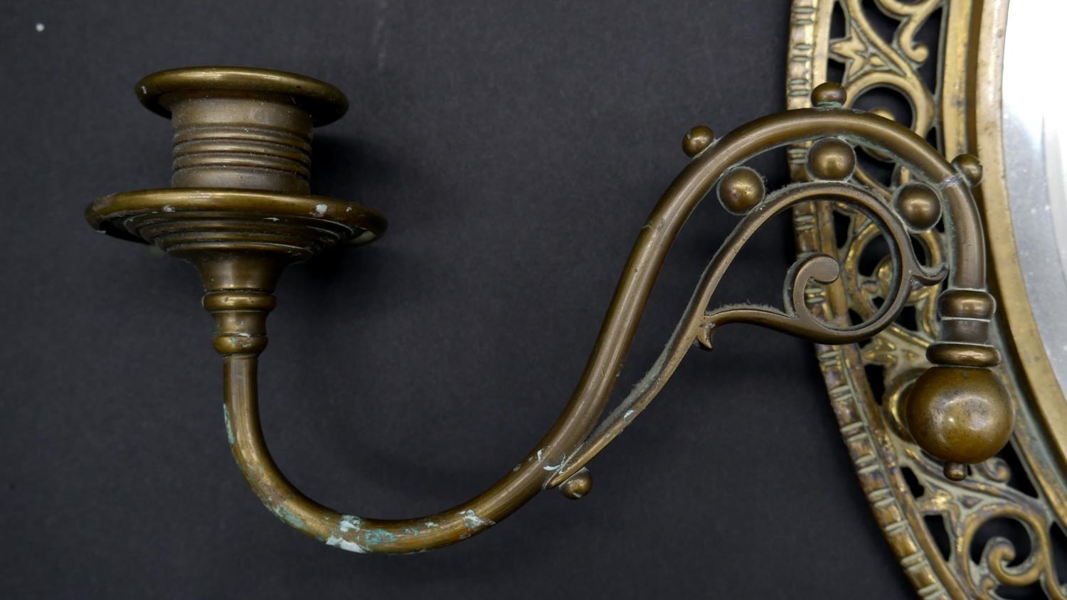 A late 19th century gilt metal twin branch girandole with bevelled plate in pierced floral frame. - Image 3 of 6