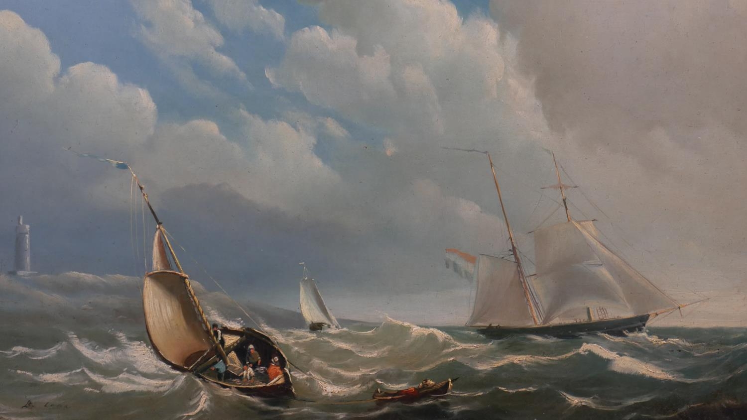 A 19th century gilt framed oil on panel, sailing ships on stormy seas with a lighthouse in the