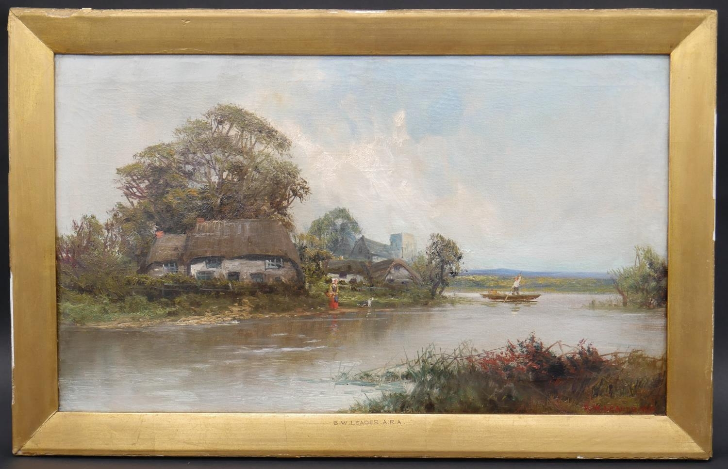 Benjamin Williams Leader (1831-1923) a gilt framed oil on canvas, figures by a cottage on a river, - Image 2 of 6