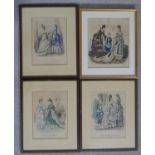 Four framed and glazed French antique hand coloured engravings of ladies is various dresses and