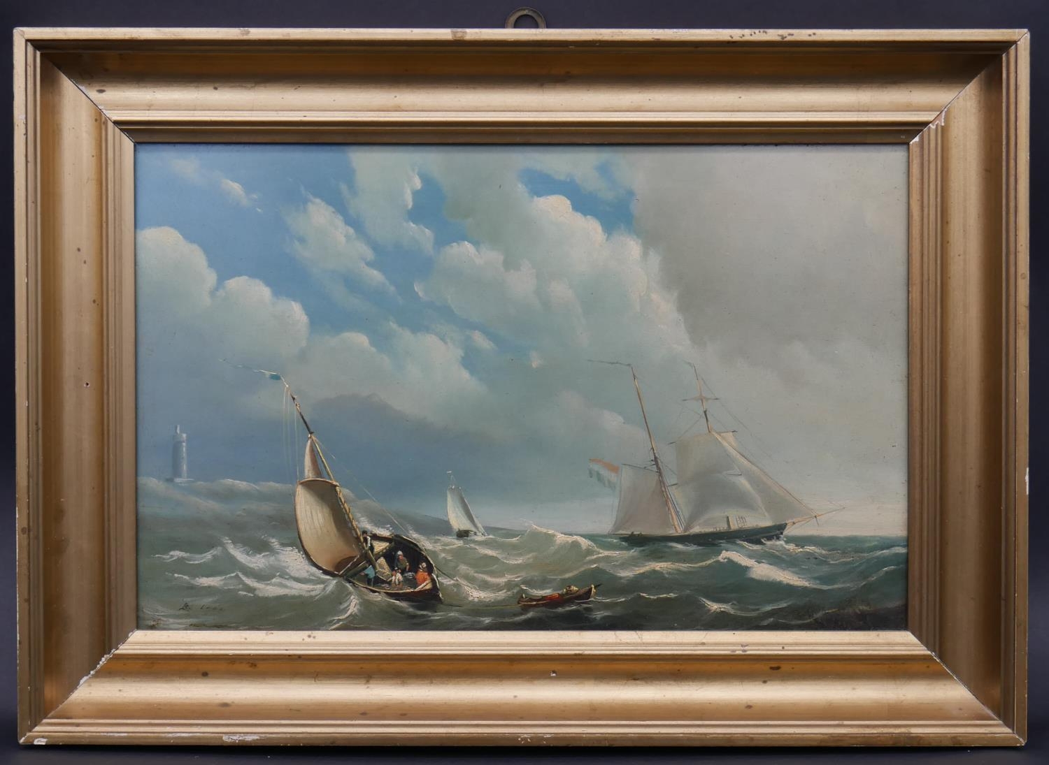 A 19th century gilt framed oil on panel, sailing ships on stormy seas with a lighthouse in the - Image 2 of 5