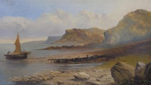 A 19th century gilt framed oil on board, rocky coastline with a sailing boat, indistinctly