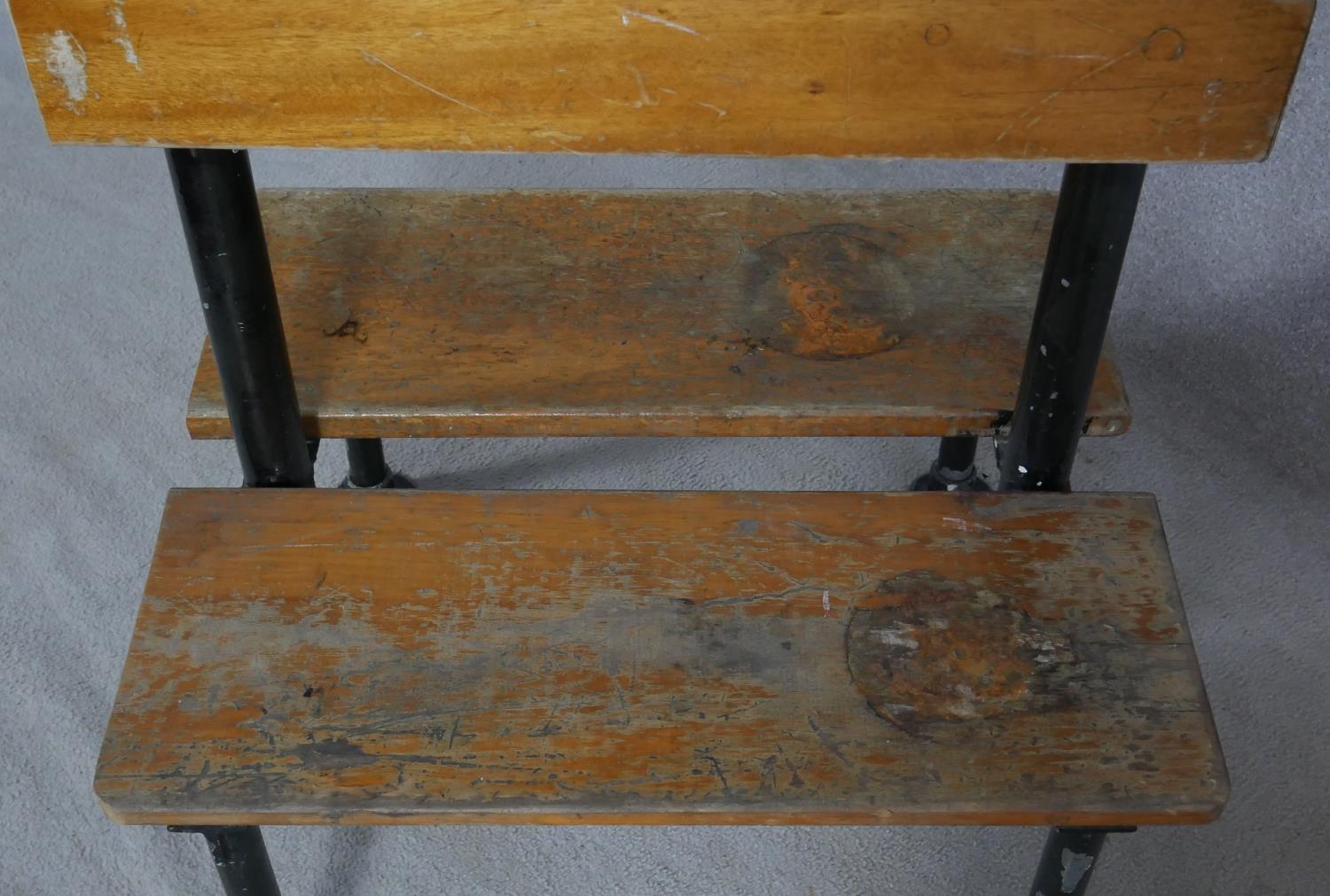 A mid century vintage teak and iron framed school or changing room bench and coat stand. H.171 L. - Image 3 of 5