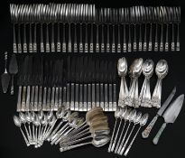 A large collection of silver plated cutlery with various floral and foliate designs. Various