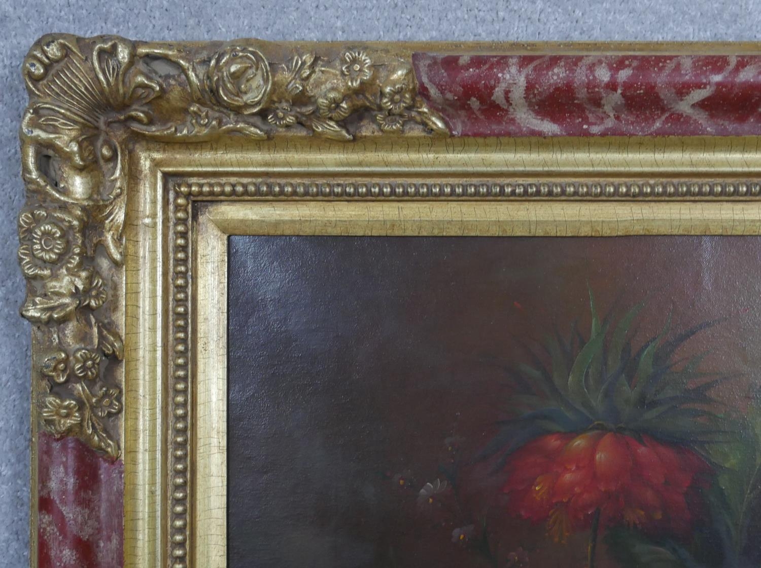 A Dutch school oil on canvas, still life flowers, indistinctly signed, ornate gilt framed. H.114 W. - Image 3 of 5