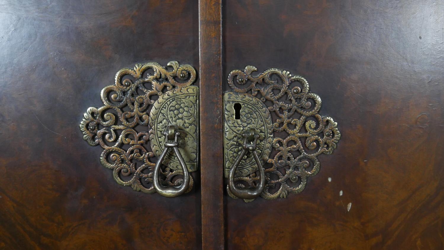 A mid century burr walnut gentleman's wardrobe fitted with interior glazed cabinet and labelled - Image 7 of 9