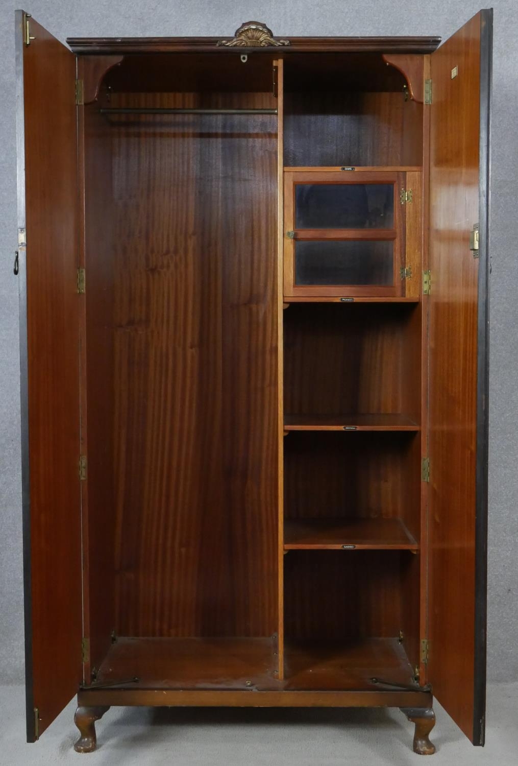 A mid century burr walnut gentleman's wardrobe fitted with interior glazed cabinet and labelled - Image 2 of 9