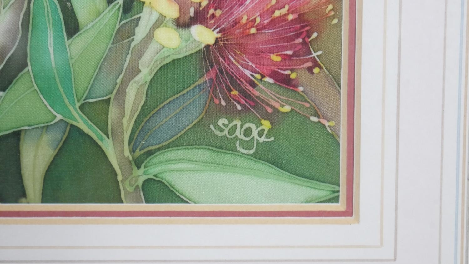 A framed and glazed batik with watercolour on silk, Keas on Pohutukawa, signed Sage. H.59 W.67.5cm - Image 3 of 6