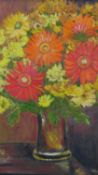 An oil on board, still life flowers, indistinctly signed, in gilt floral frame. H.55 W.45cm