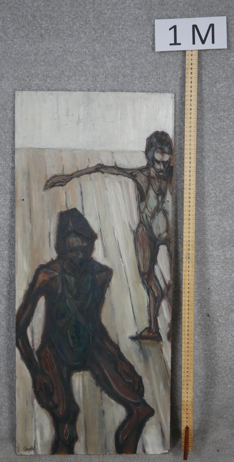 Oil on board, dancers in a studio, indistinctly signed. H.85.5 W.36.5cm - Image 4 of 4