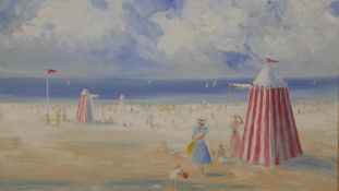 Miles Christopher Fairhurst (B.1955), oil on canvas, Victorian beach scene, monogrammed. H.57 W.67cm