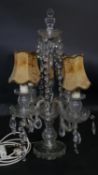 A vintage four branch cut glass table chandelier with original shades and crystal drops. H.59cm