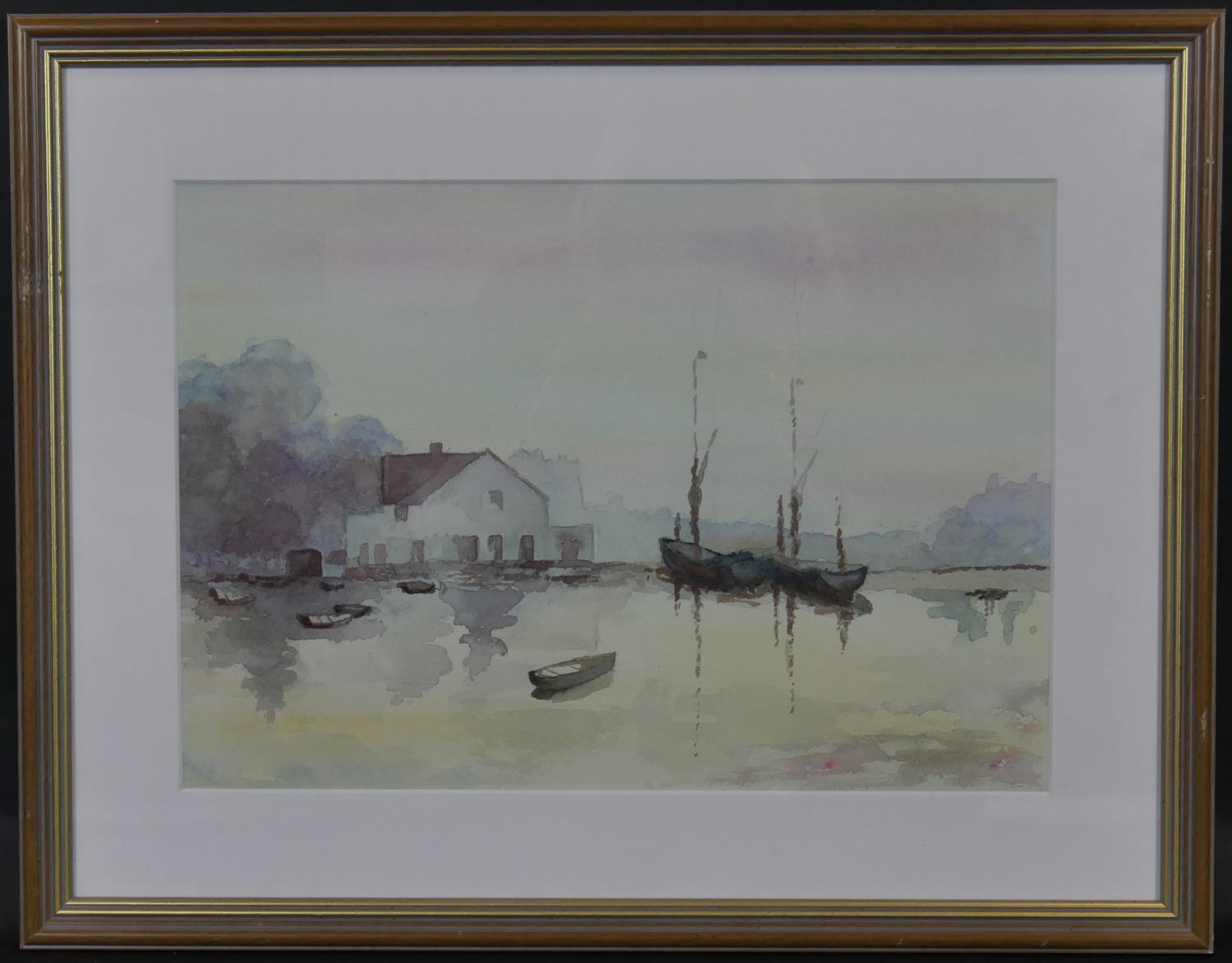 A framed and glazed watercolour, boats on a lake, unsigned. H.38 W.48.5cm - Image 2 of 4