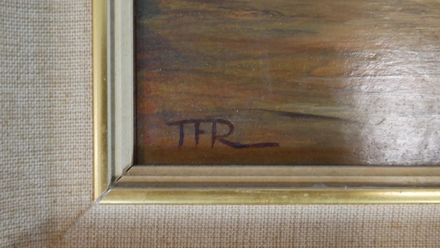 A framed oil on board, sailing ships, monogrammed TFR, inscribed Trows on the River Severn to the - Image 3 of 6