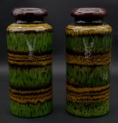 A pair of vintage West German lava glaze striped ceramic vases. Numbered to the base. H.30cm