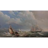 A 19th century gilt framed oil on panel, sailing ships on stormy seas with a lighthouse in the