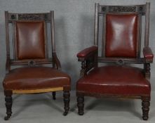 A late 19th century carved mahogany armchair in leather upholstery and the matching nursing chair.