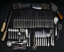 A collection of silver plated cutlery. Including a set of ceramic ceramic hand painted handled
